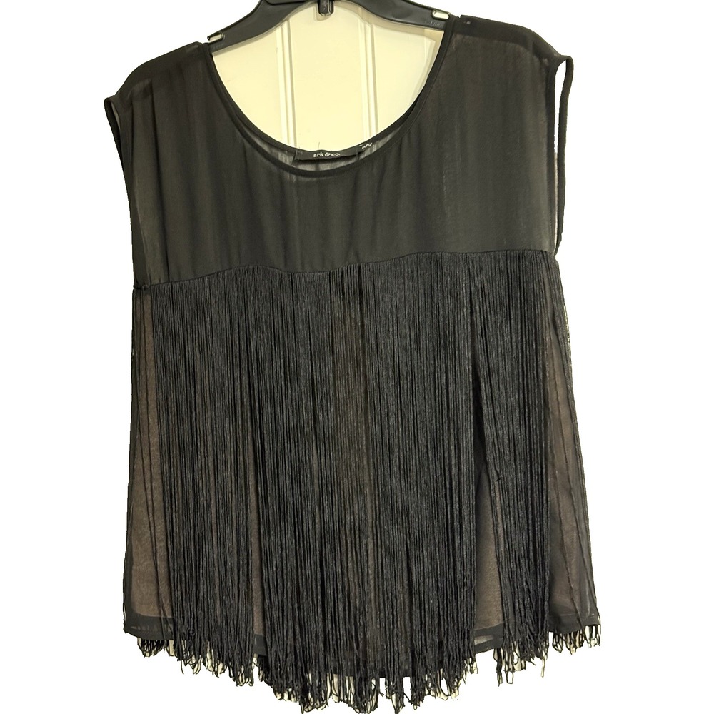Art‎ & Co Women's Black Fringe Trim Shell Sleeveless Top Size S